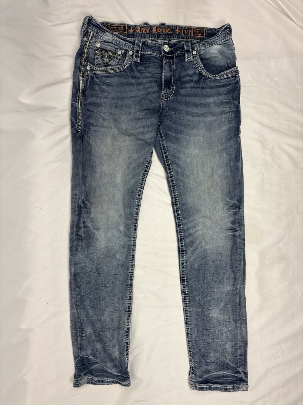 Rock Revival Baresta Straight Mens Jeans Size 36x32 Heavy Stitch Distressed Blue